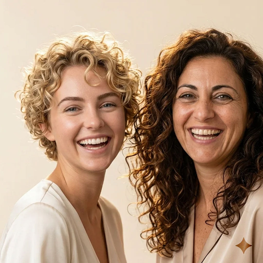 Due donne sorridenti con capelli ricci naturali